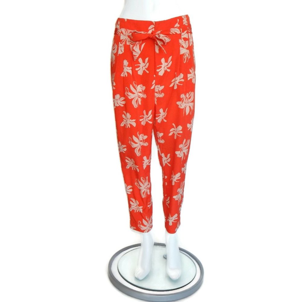 VIVA VENA Tropical Festival Orange Drawstring Loose Fit Pants Pleated Womens - 6